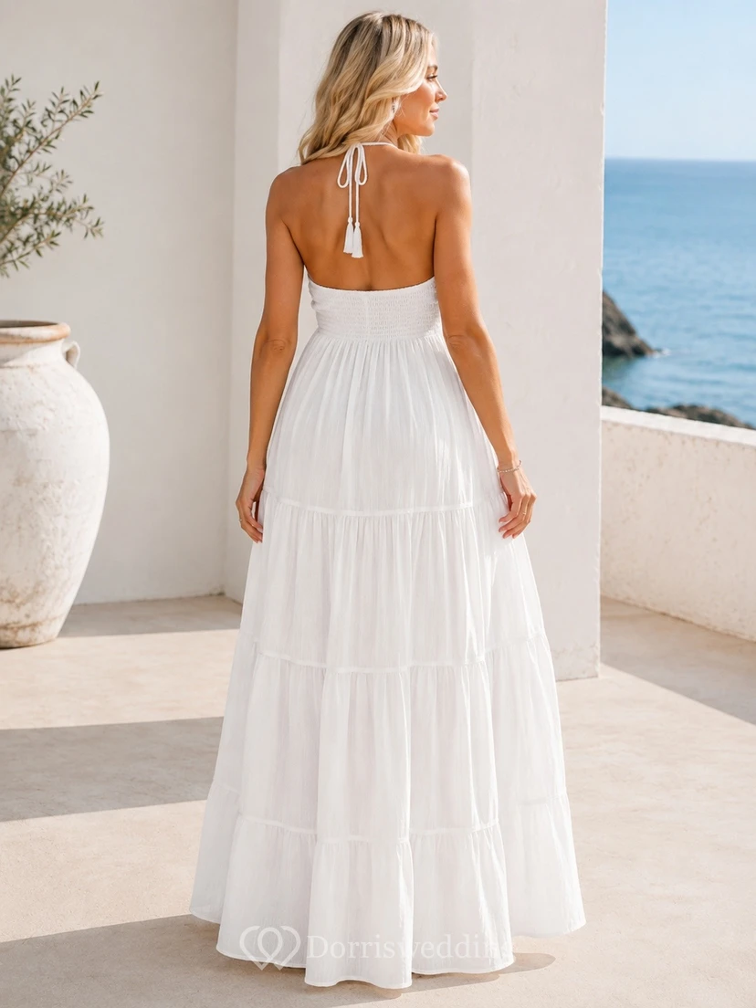 Vestido de maternidad largo hasta el suelo, sin mangas, de gasa blanca con escote halter y corte en A view 2