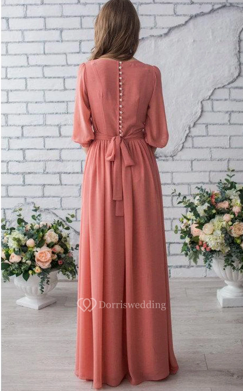 Langes, pfirsichfarbenes Chiffonkleid mit Ärmeln für besondere Anlässe, z. B. für Hochzeiten oder als Kleid für die Mutter der Braut. view 2