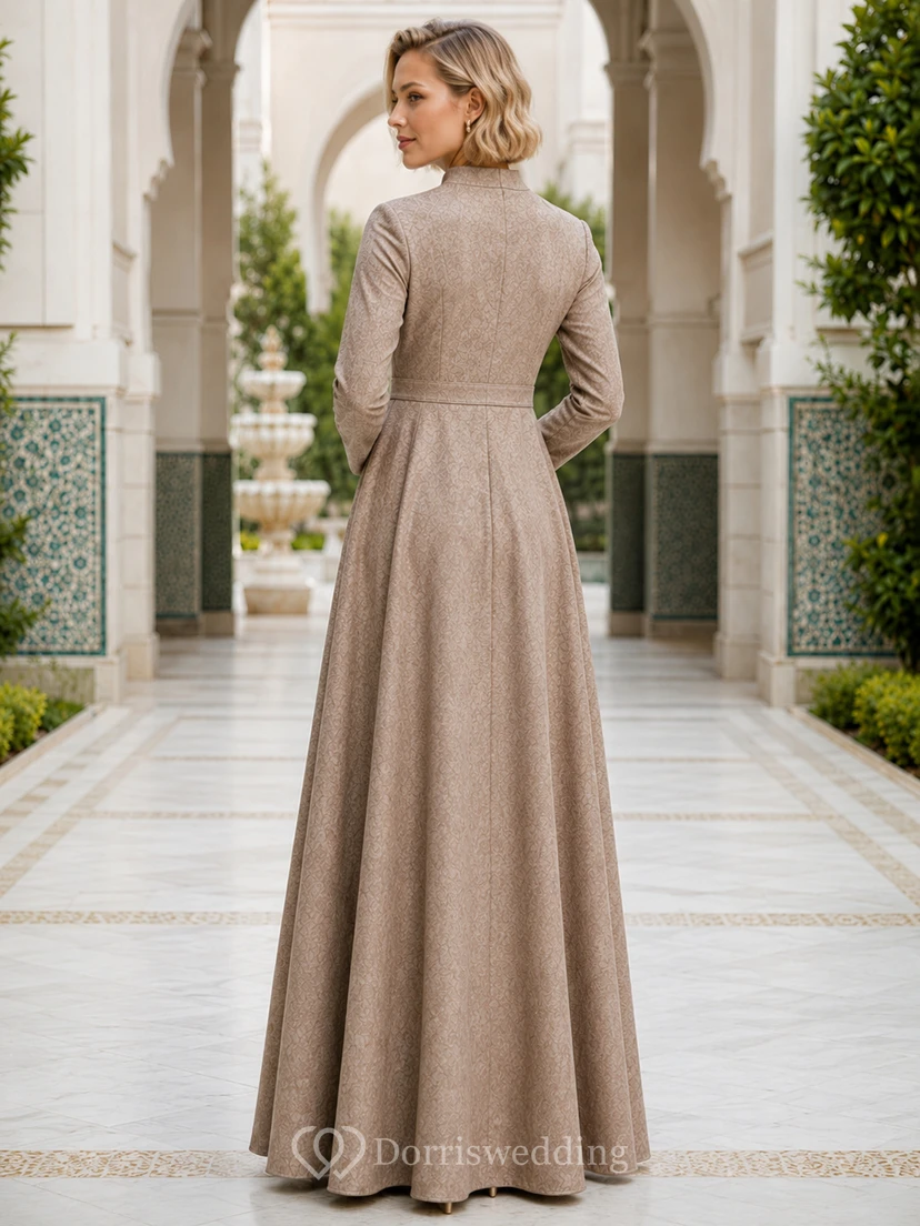 Taupe High Neck Long Sleeve Jacquard Modest Maxi Dress view 2