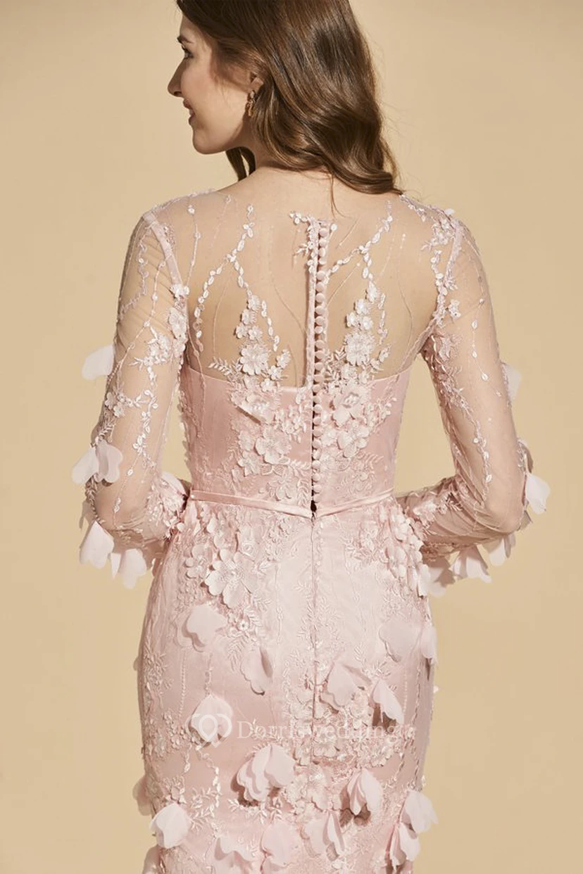 Illusion Long Sleeve And Floral Appliques Mini Skirt Bodycon Dress With Bow And Sash view 5