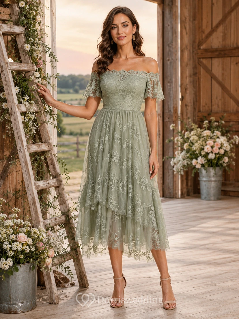 Sage off shoulder lace A-line tea length guest dress