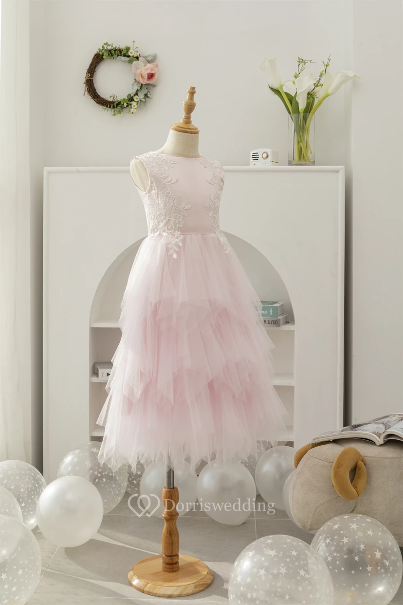 Bateau-neck Sleeveless Tulle A-line Layered Ruffled Applique Flowergirl Dress view 4