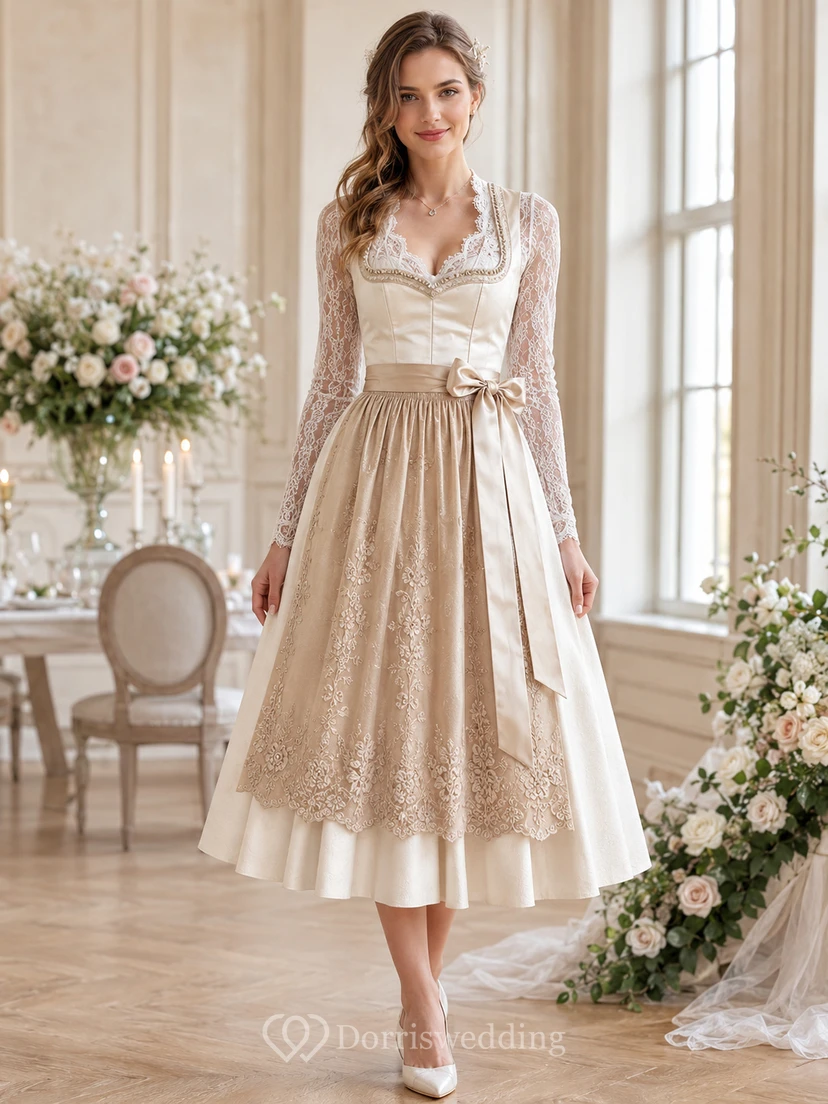 Robe de mariée de luxe rose poudré, style Dirndl, col carré, manches longues en dentelle illusion, idéale pour un mariage de style thé.