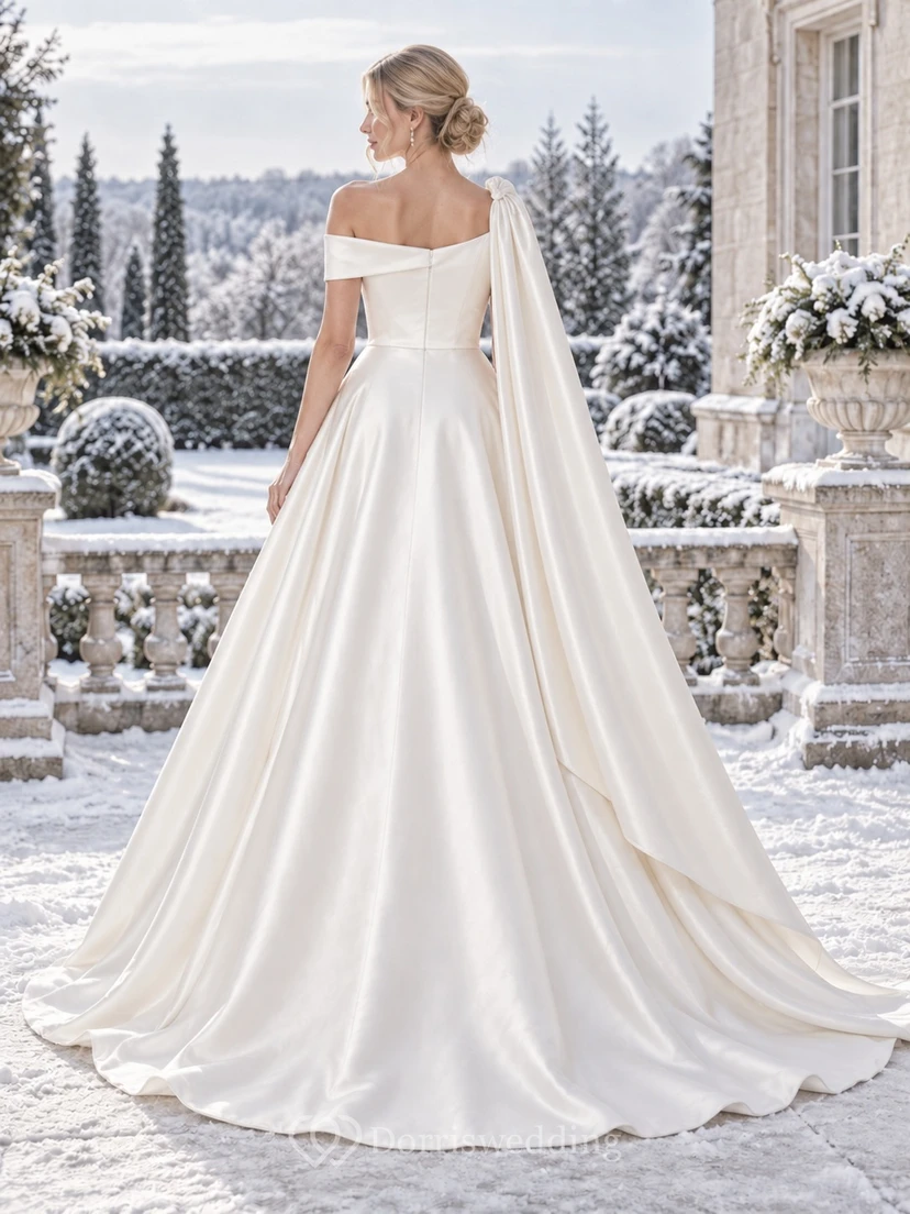 Simple Winter Off Shoulder Asymmetric Satin Cape Full A-line Wedding Dress view 2