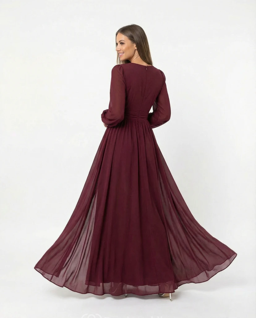 Robe de cocktail bordeaux à manches longues et col en V view 2