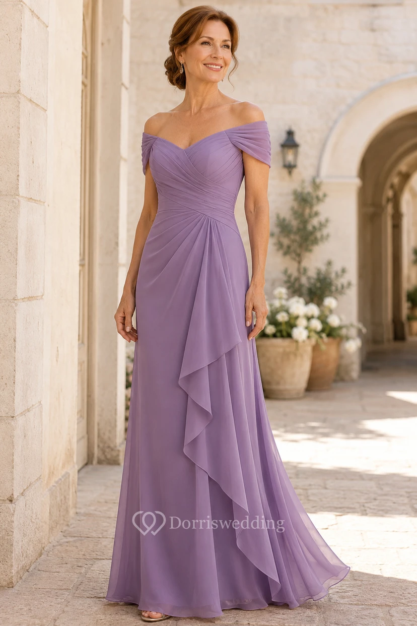 Lilac Off-the-Shoulder Chiffon A-Line Mother Dress