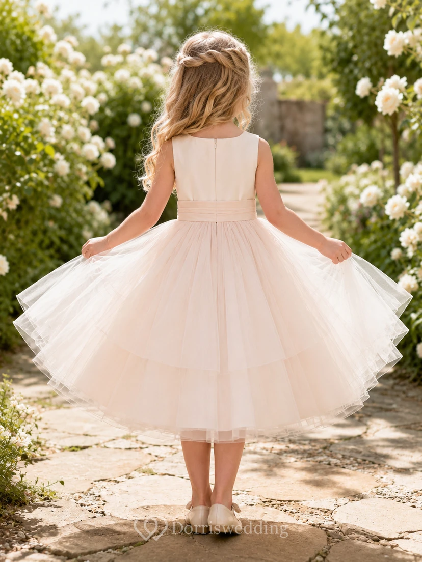 Flower Girl Dress A-Line Pearl Pink Twirl Friendly Tiered Tulle Sleeveless view 2