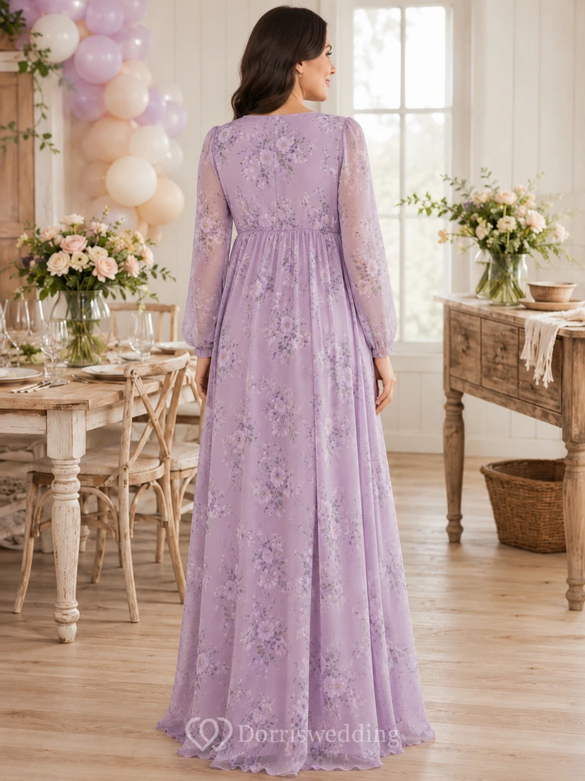Lavender Modest Maternity Jewel Neck Long Sleeve Lace A-Line Floor-Length Dress view 2