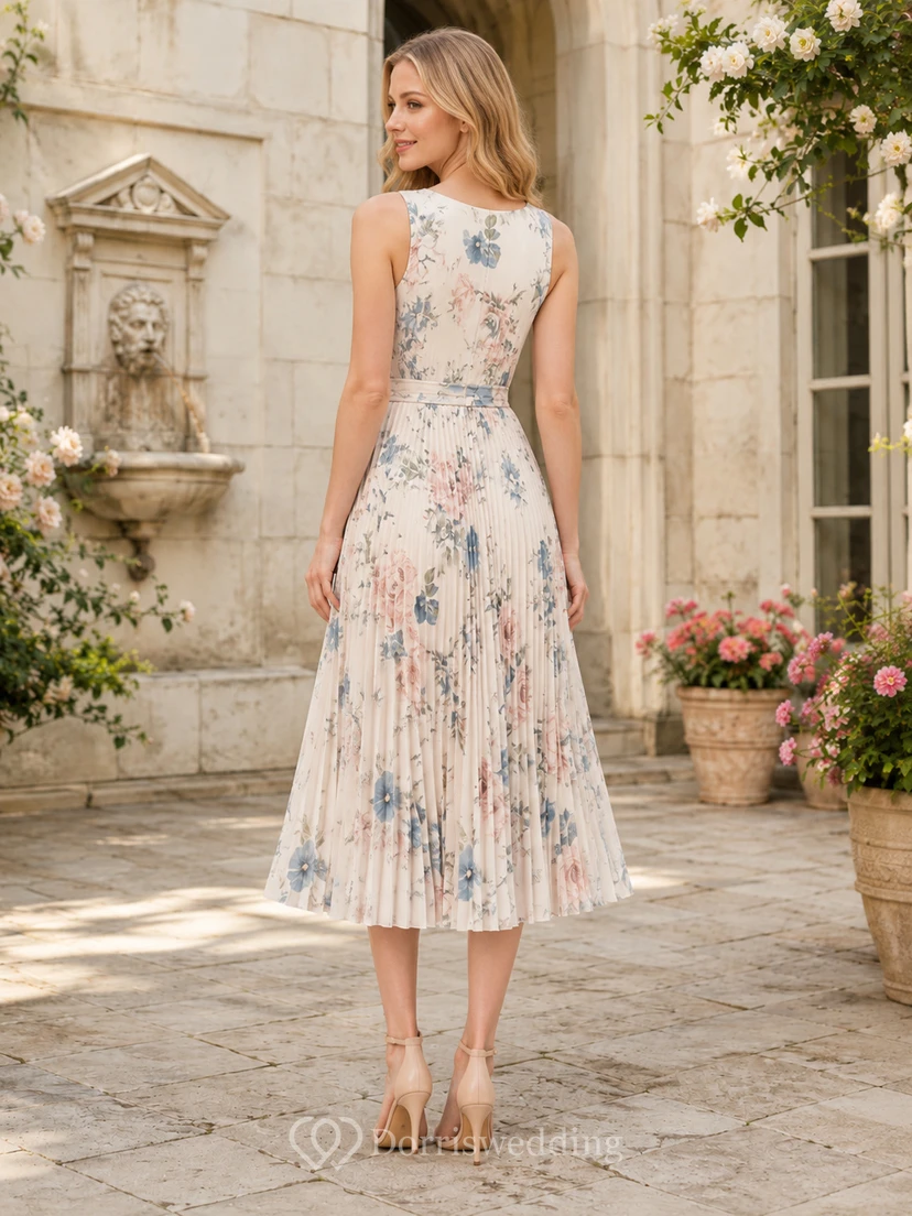 Robe midi plissée sans manches à col rond et imprimé floral léger view 2