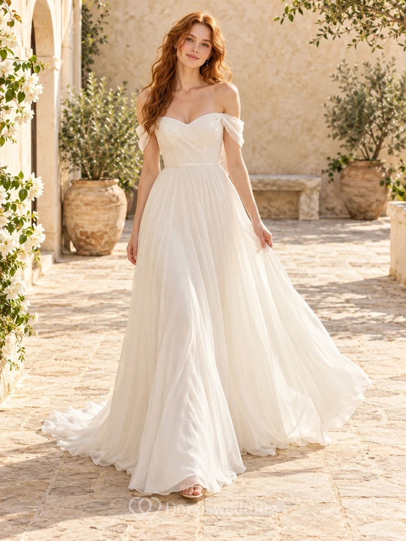 Vestido de novia sencillo de gasa con escote corazón y falda acampanada, corte en A y sin hombros.