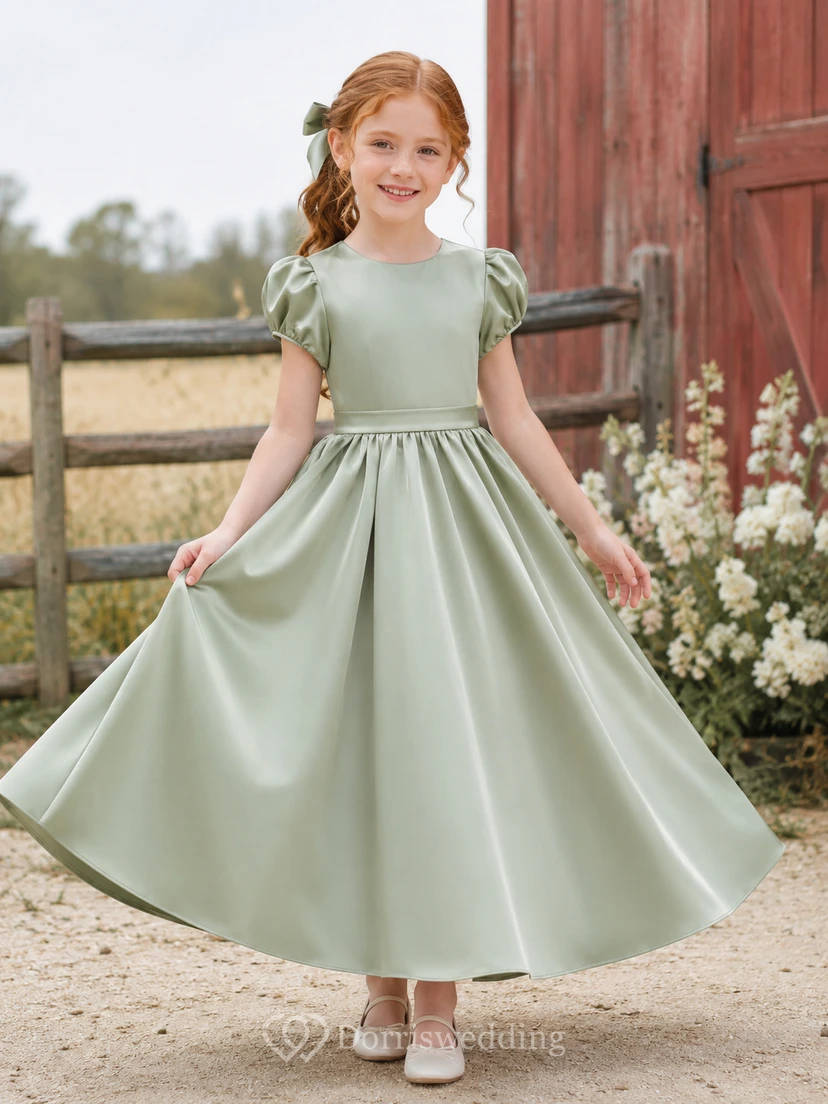 Salbeigrünes Satin-Kleid mit Puffärmeln, knöchellang, A-Linie, rustikalem Landhaus-Hochzeitskleid für Blumenmädchen mit Schleife