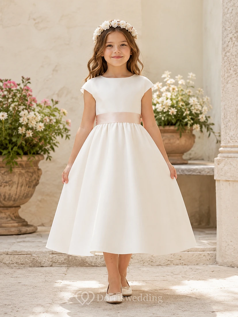 Vestido de niña de flores de satén color marfil con corte en A, manga corta tipo casquillo, escote joya y falda a la altura de la rodilla con detalles de lazo.