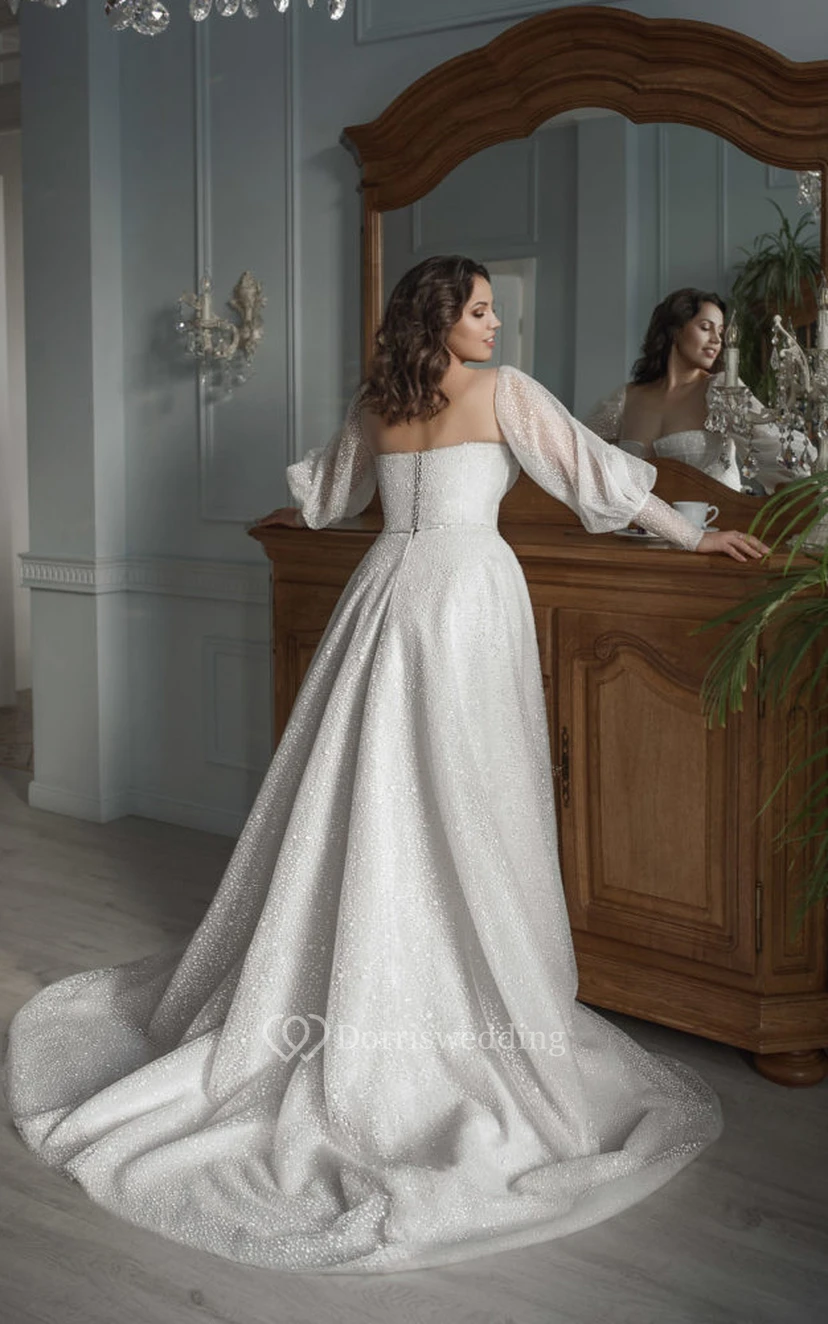 Vestido de novia modesto de talla grande con escote corazón, bordados y mangas abullonadas, corte A, estilo modesto. view 2
