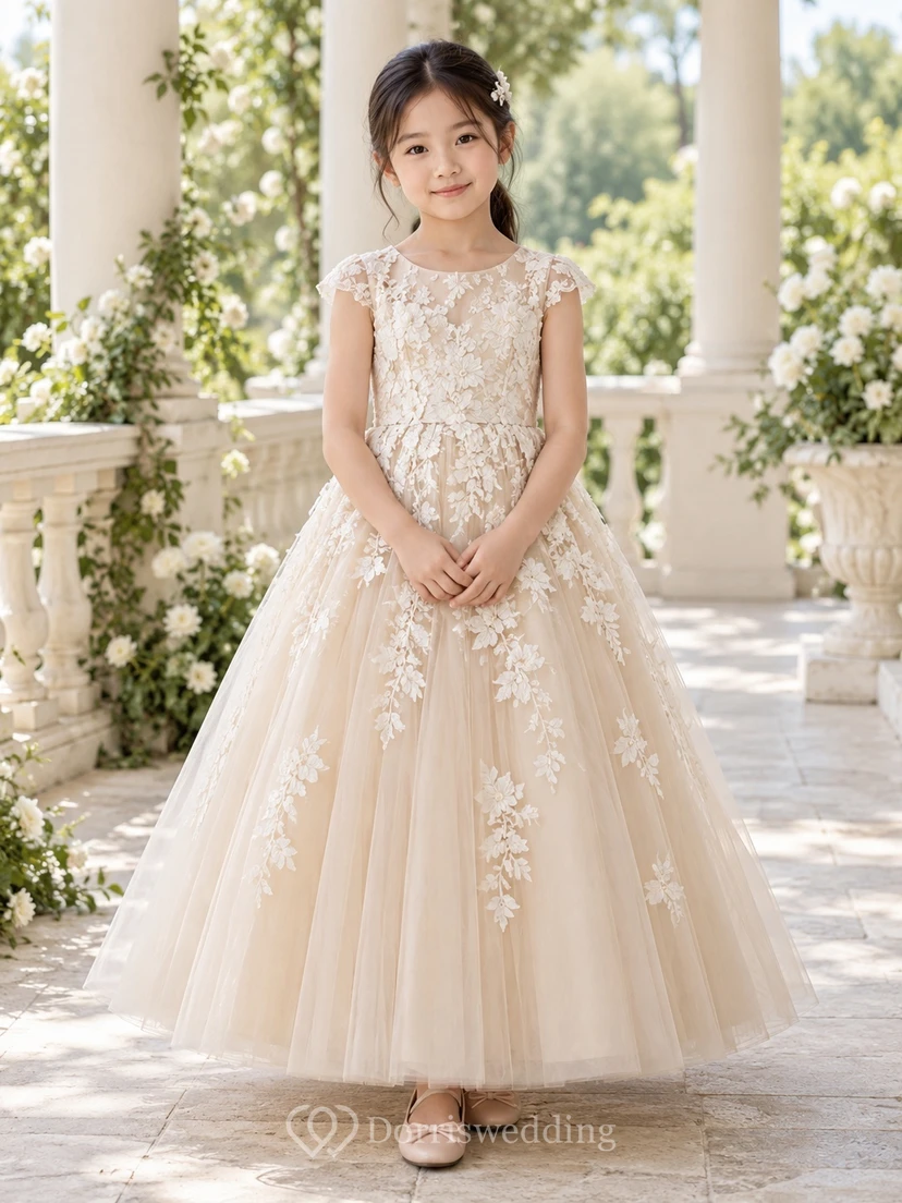 Champagne Floral A-line Tulle Cap-sleeve Ankle-length Appliqued Full-skirted Flower Girl Dress