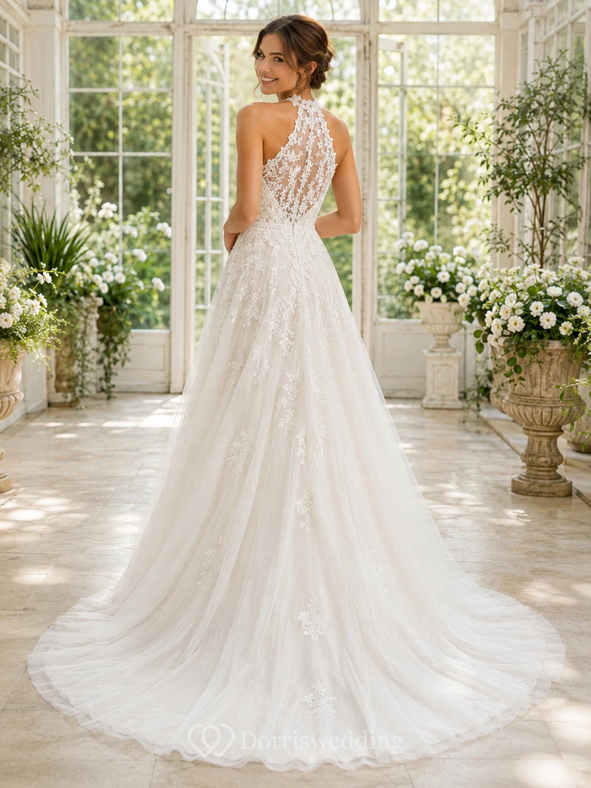 Romantic Halter Lace Tulle Wedding A Line Sleeveless Chapel Train view 2