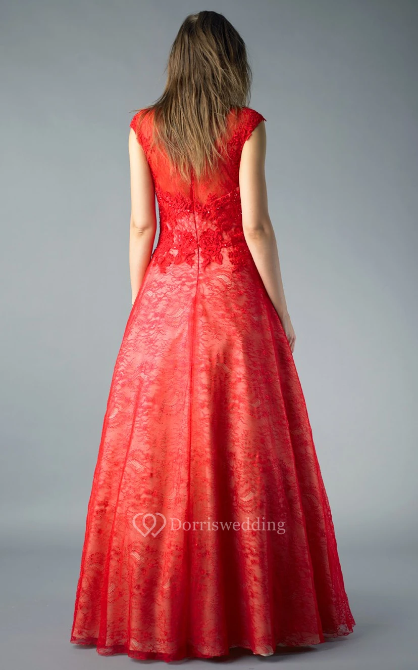 A-line Floor-length High Neck Short Sleeve Lace Illusion Dress view 6