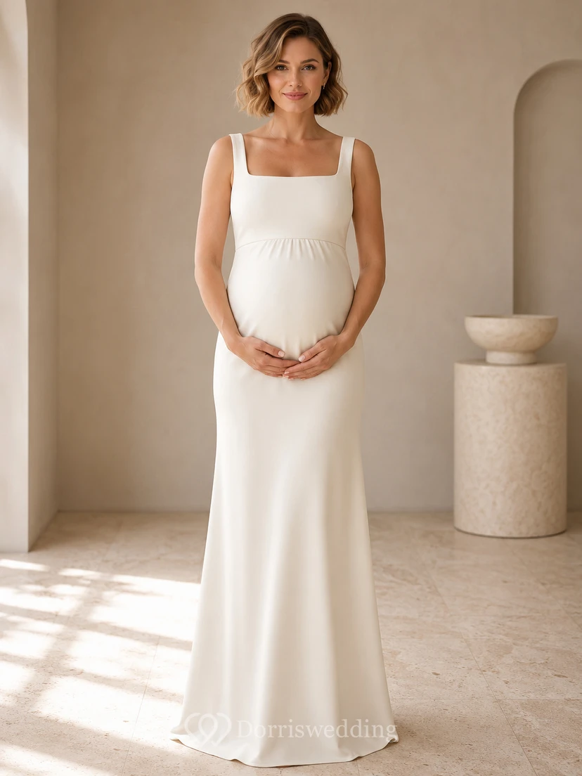 Ivory Stillness Sheath Floor-Length Square Sleeveless Stretch-Satin Simple Maternity Dress