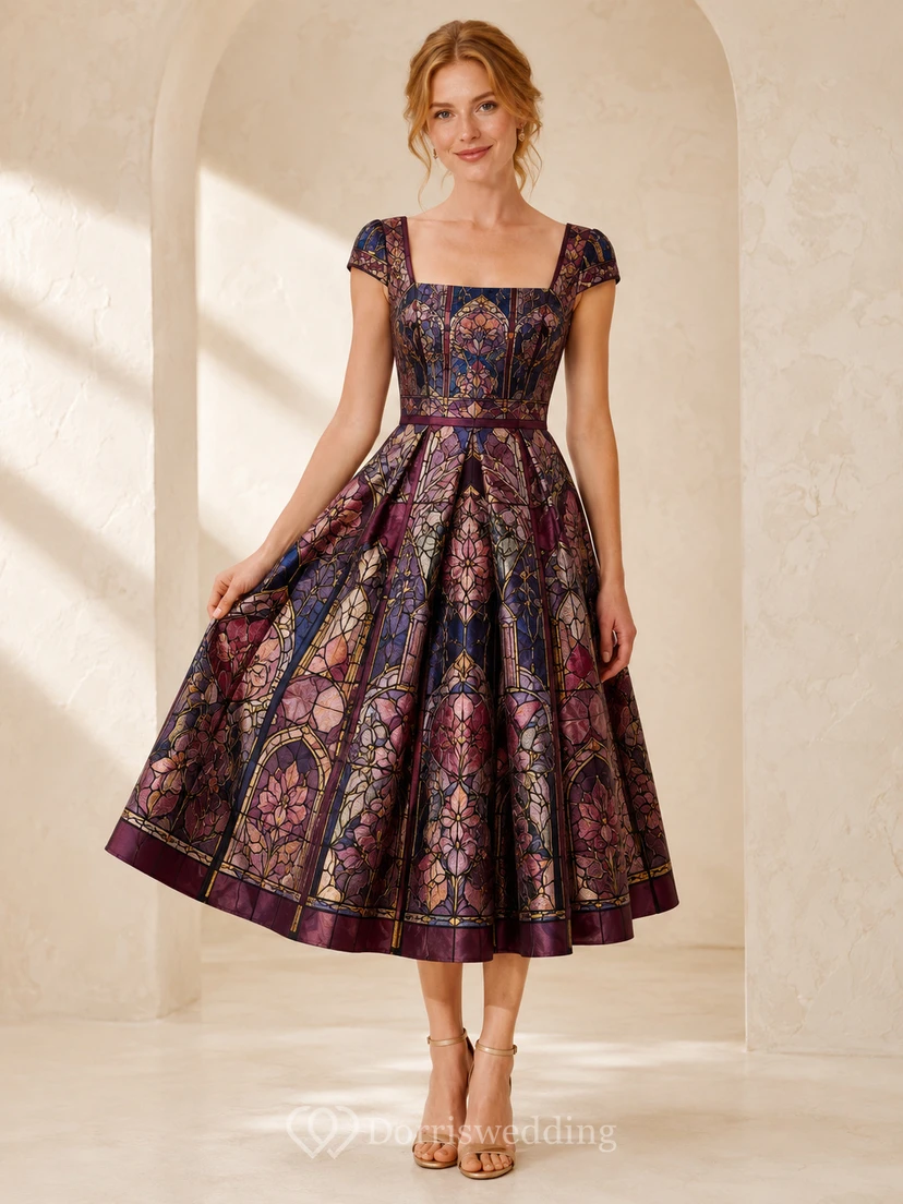 Burgundy Stained Glass Square Neck Fit Flare Midi Dress