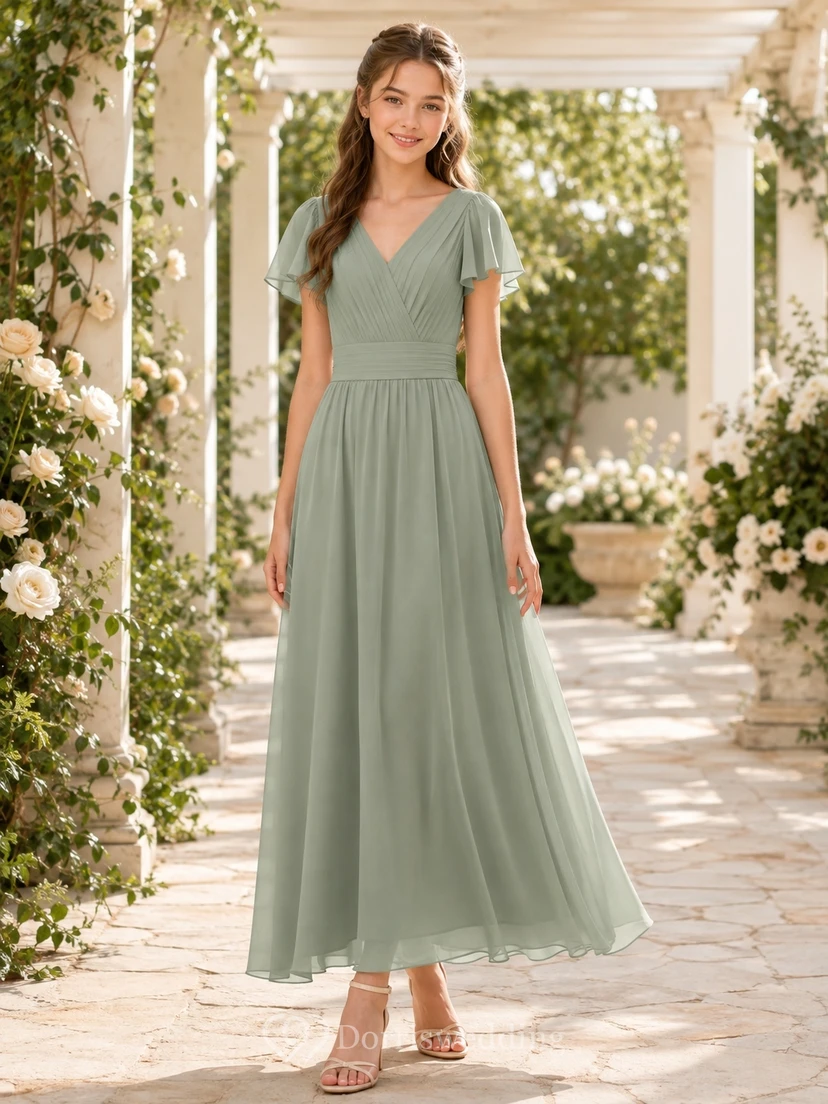 Celadonfarbenes Brautjungfernkleid für junge Damen, A-Linie, V-Ausschnitt, kurze Ärmel, plissiert, elegant
