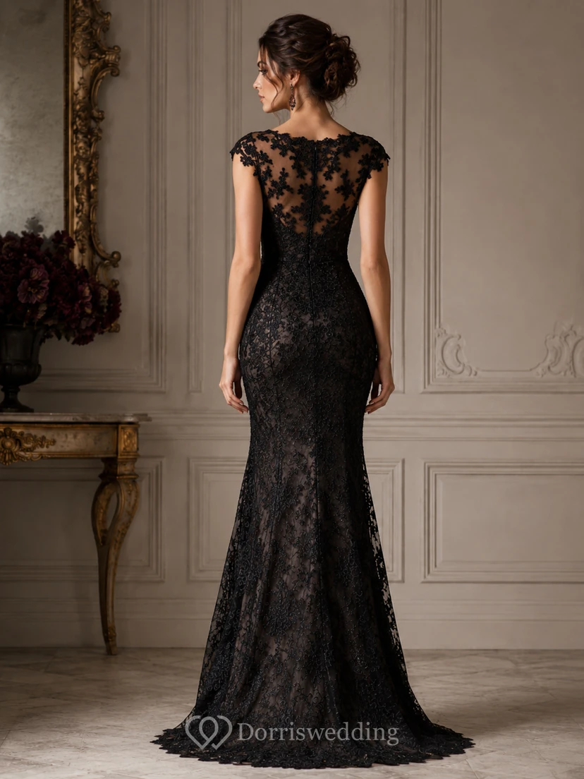 Mermaid Lace Evening Dress with High Neck, Short Sleeve and Lace Appliques, Floor Length view 2