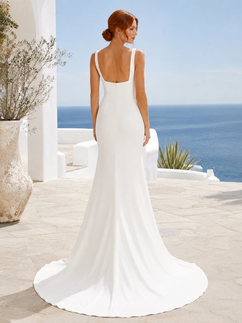 Strandhochzeitskleid aus Satin, Etuikleid, eckiger Ausschnitt, ärmellos, bodenlang, tiefer V-Ausschnitt am Rücken view 2