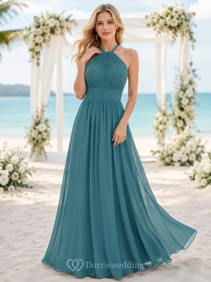 Teal halter pleated chiffon floor length beach bridesmaid dress