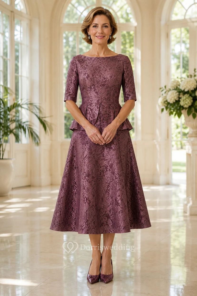 Robe de mère Mulberry mi-longue en dentelle bateau, coupe trapèze