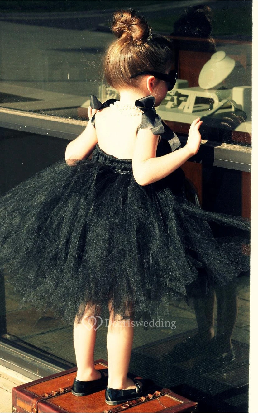 Jewel Neck Backless Tiered Knee Length Tulle Dress With Bows view 4