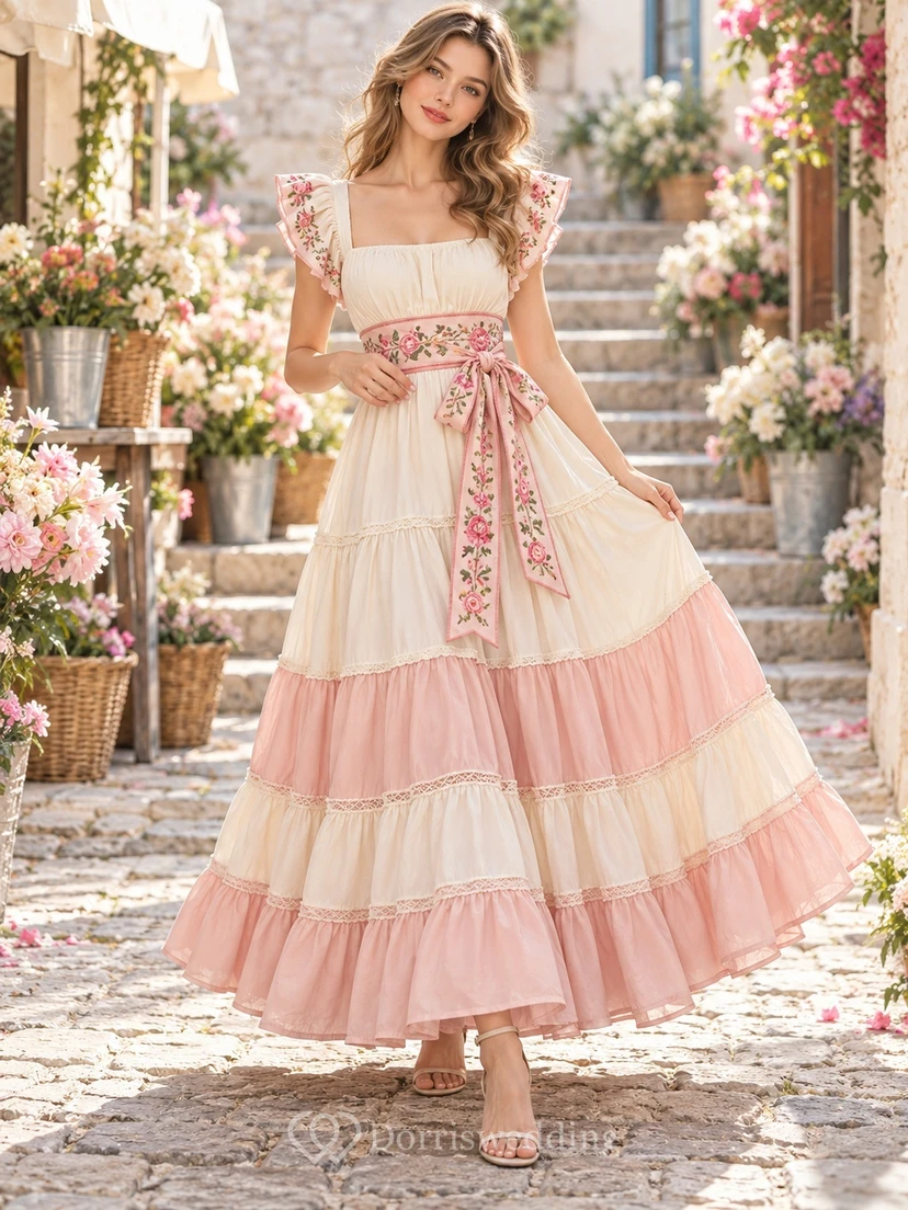Square Neck Cumbia Ivory Pink Floral Sash Tiered Folk Dress