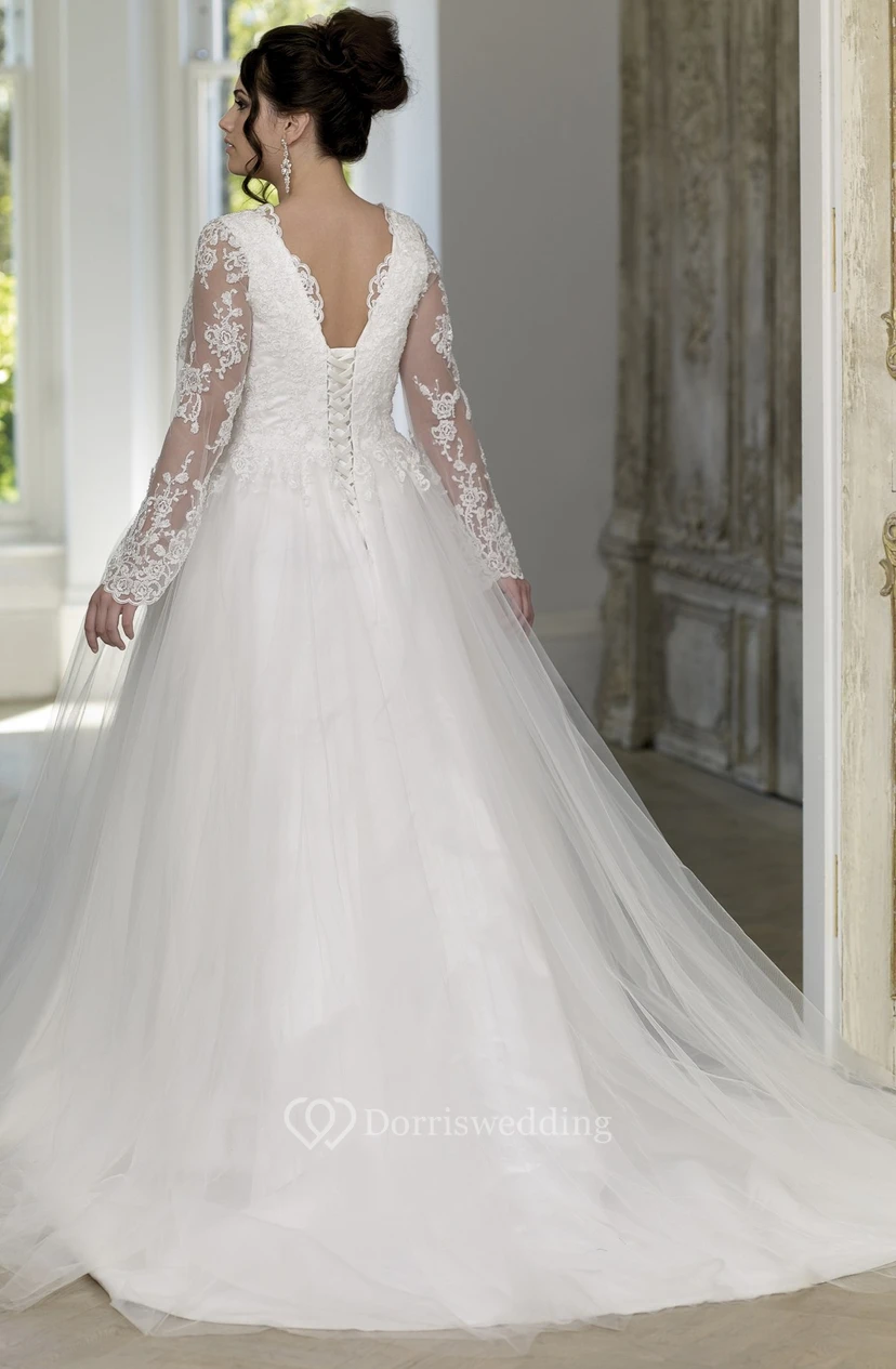 Ball Gown Floor-Length V-Neck Long Sleeve Puff Satin Tulle Court Train Lace-Up Back Appliques Dress view 2