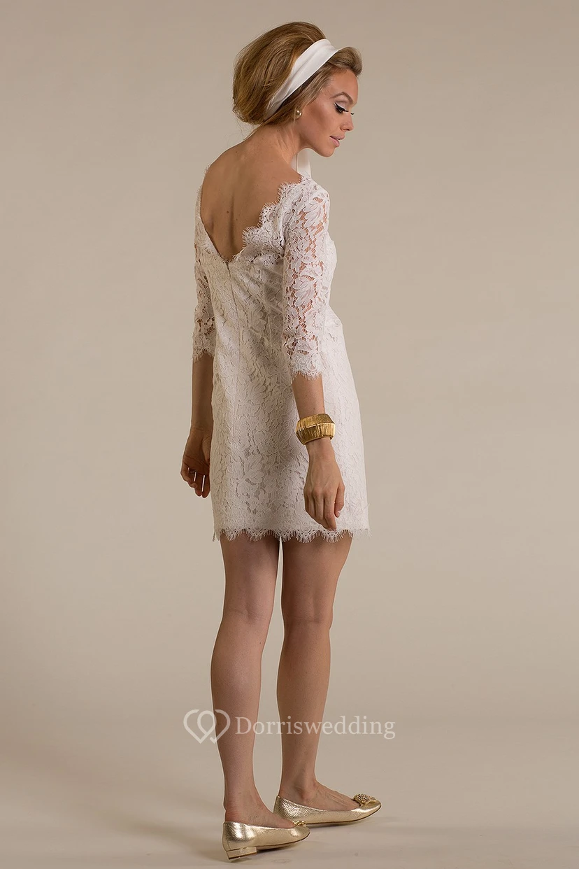 Sheath Short Scoop-Neck 3-4-Sleeve Lace Wedding Dress With Appliques And V Back view 2