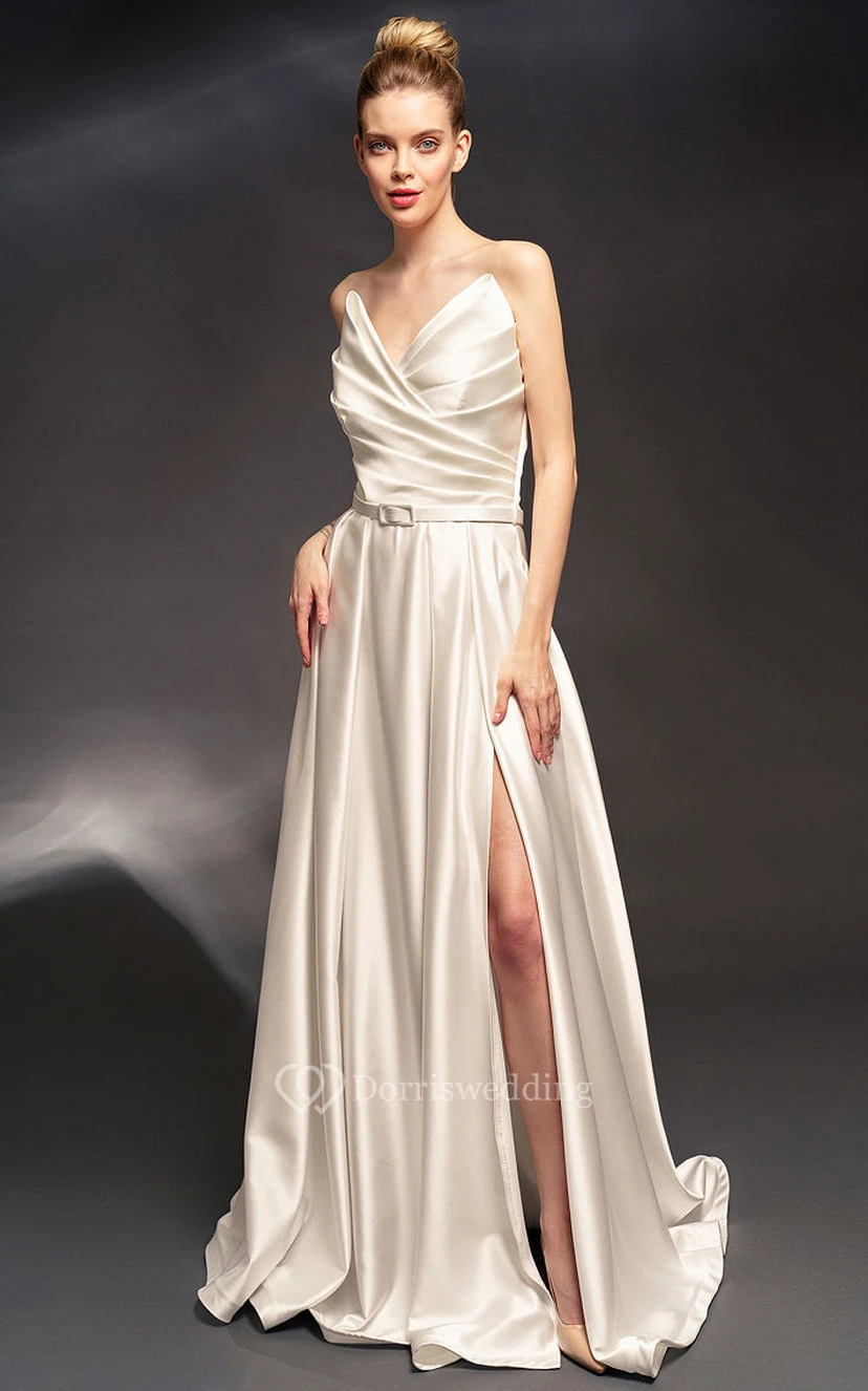Satin Sweetheart Sleeveless Front Split Sheath Backless Gold Bridesmaid Dress
