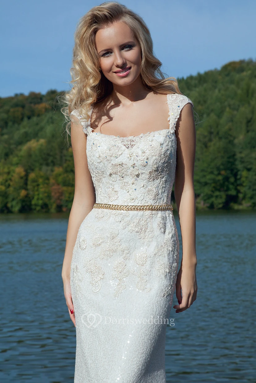 Pencil Appliqued Sleeveless Long Queen-Anne Lace Prom Dress With Illusion Back view 3