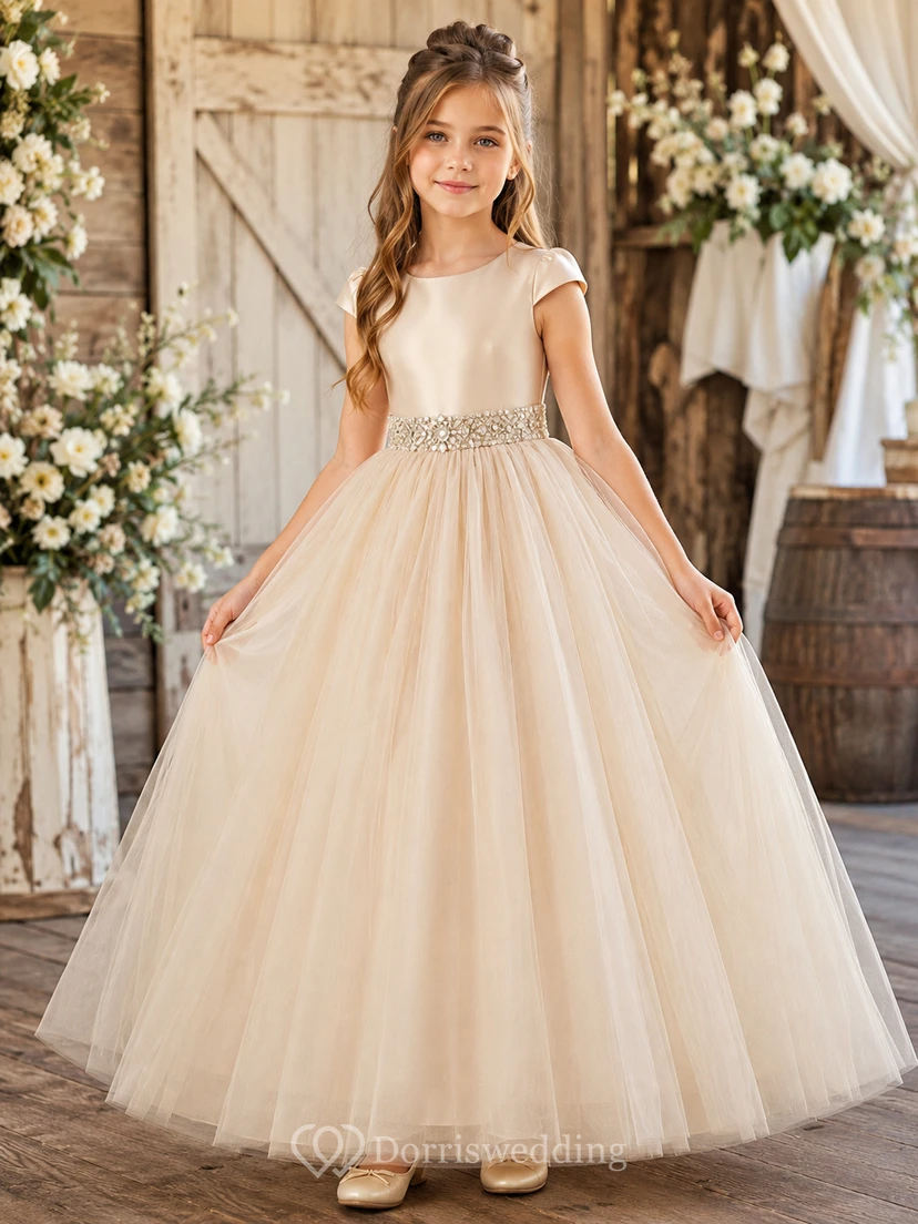 Satin Bodice Tulle A-Line Flower Girl Dress with Jewel Neck, Tea-Length Skirt and Sash Detail