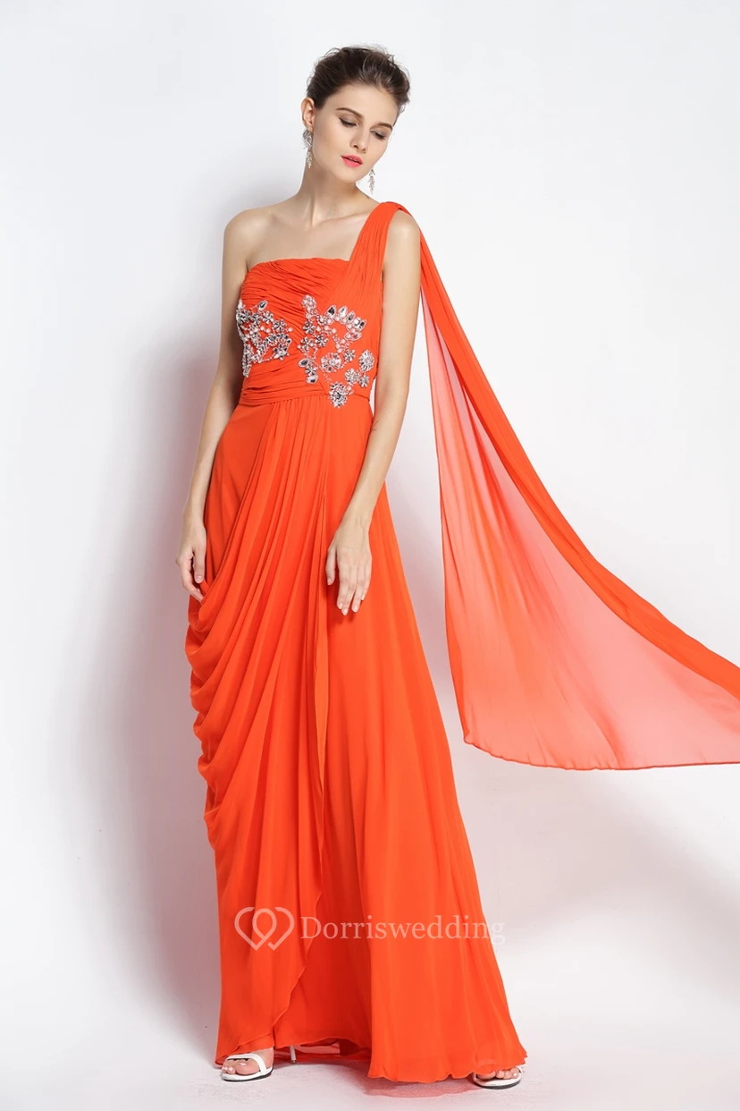 A-Line Floor-length One-shoulder Chiffon Sleeveless Prom Dress with Beading and Draping