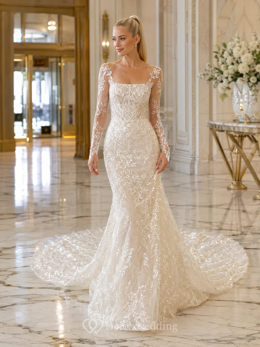 Robe de mariée sirène à col carré et manches longues en dentelle, avec traîne chapelle et manches fleuries, idéale pour une salle de bal.