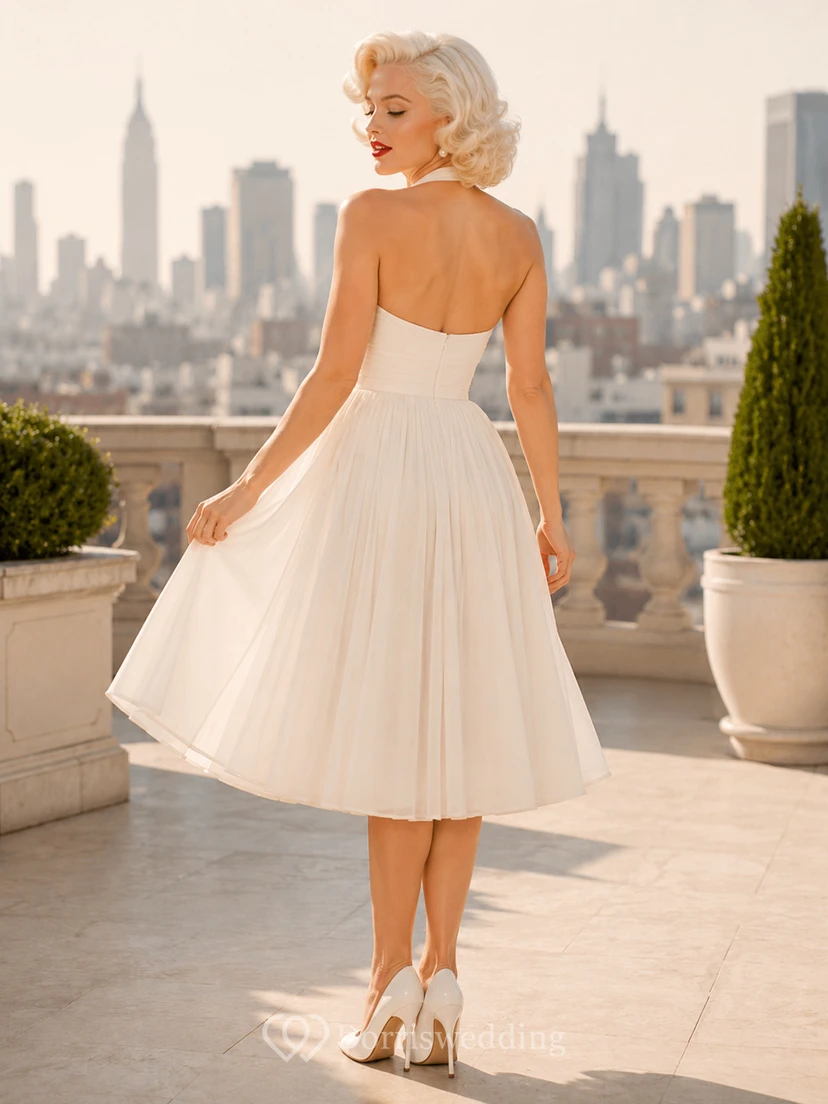 Vintage Ivory A-Line Tea-length Halter Sleeveless Chiffon Elegant Cocktail Guest Celebrity Dress view 2