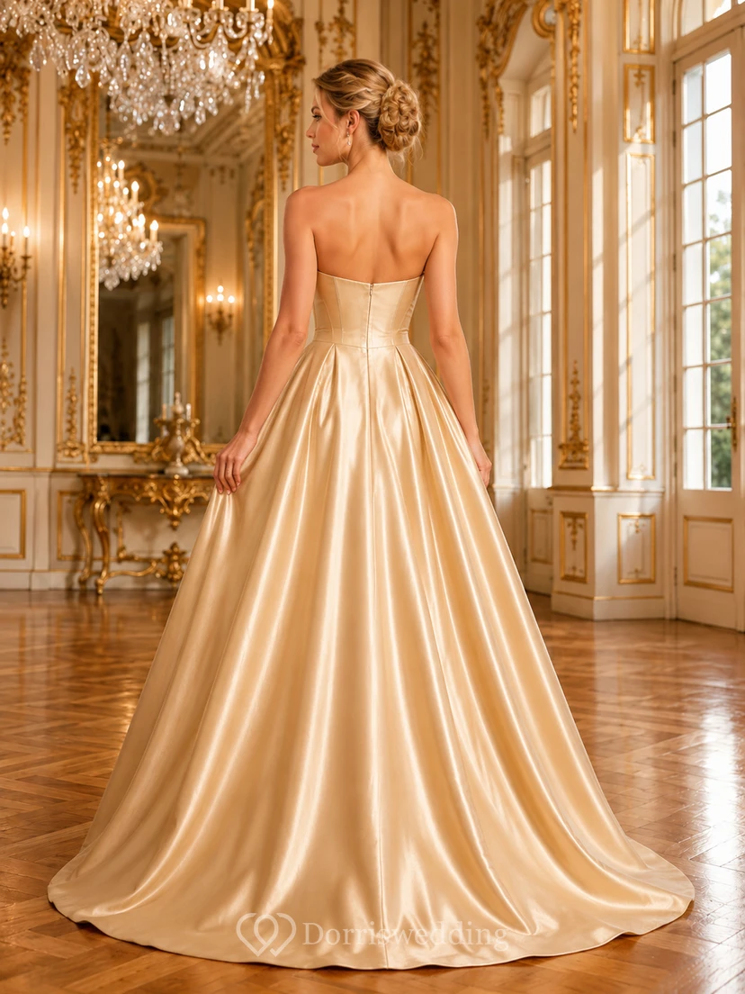 Robe de bal bustier plissée en satin doré view 2