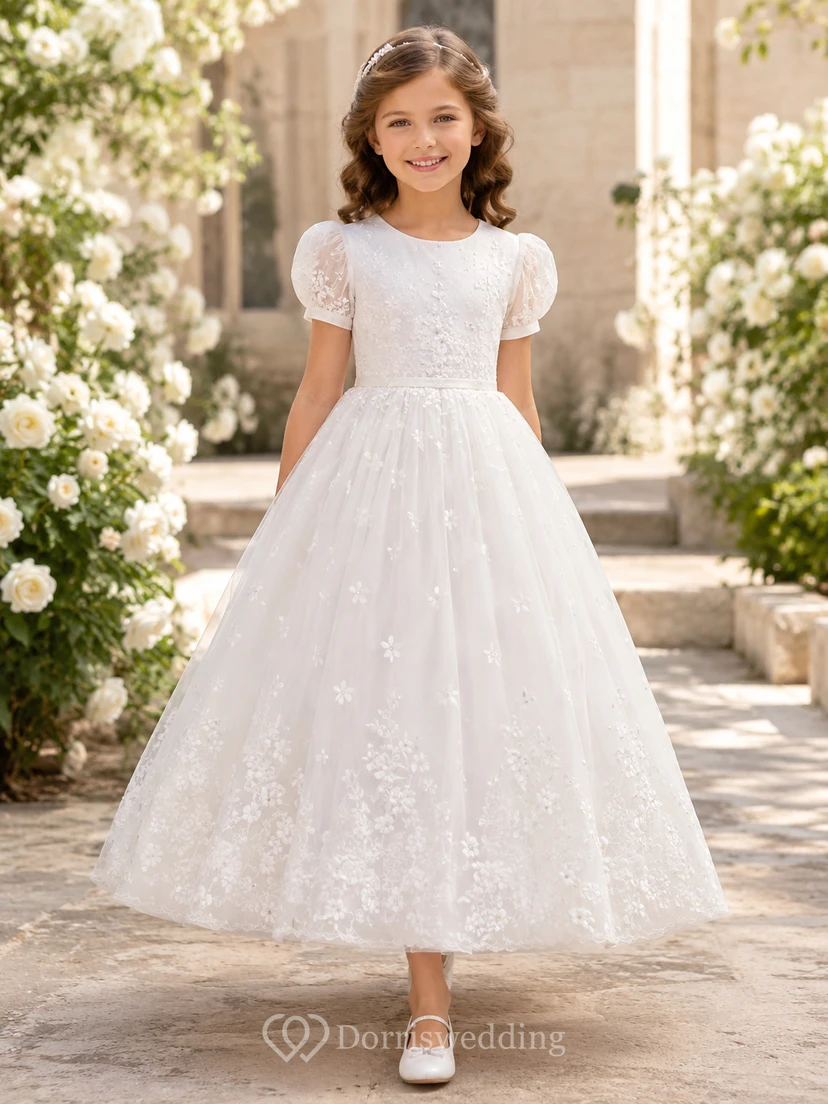 Teelanges Kommunionskleid aus Spitze und Tüll mit Puffärmeln, Blumenmädchenkleid für die Zeremonie