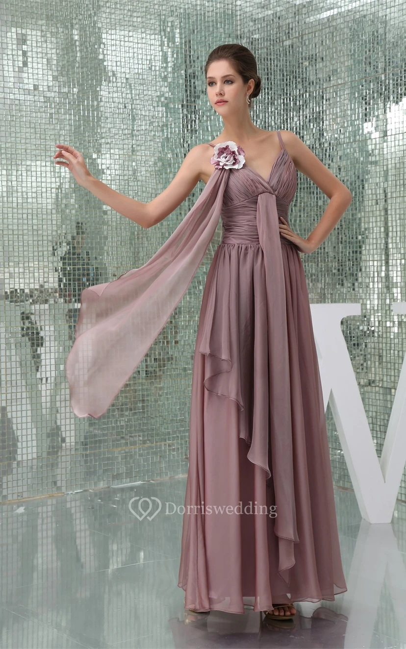 Spaghetti Straps Side Draping Ankle Length Ruched Gown With Ruffles and Flower view 5