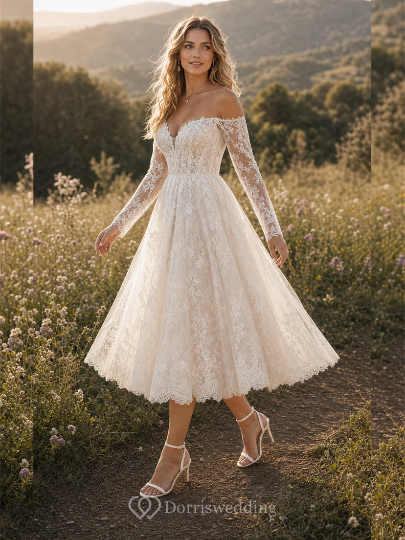 Boho-Brautkleid in Teelänge mit schulterfreiem Ausschnitt, langen Spitzenärmeln und voluminösem, floralem Spitzen-Midirock view 5