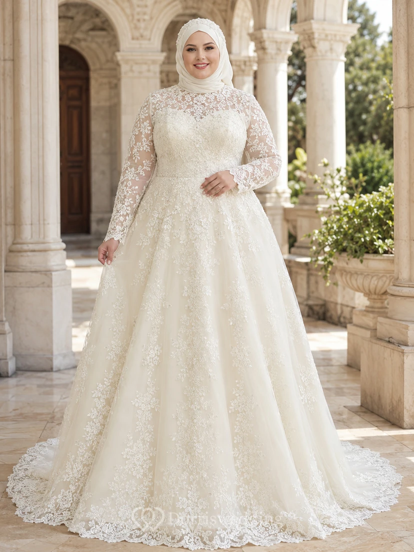Plus Size Muslim Long Sleeve Lace A-Line Chapel Wedding Dress