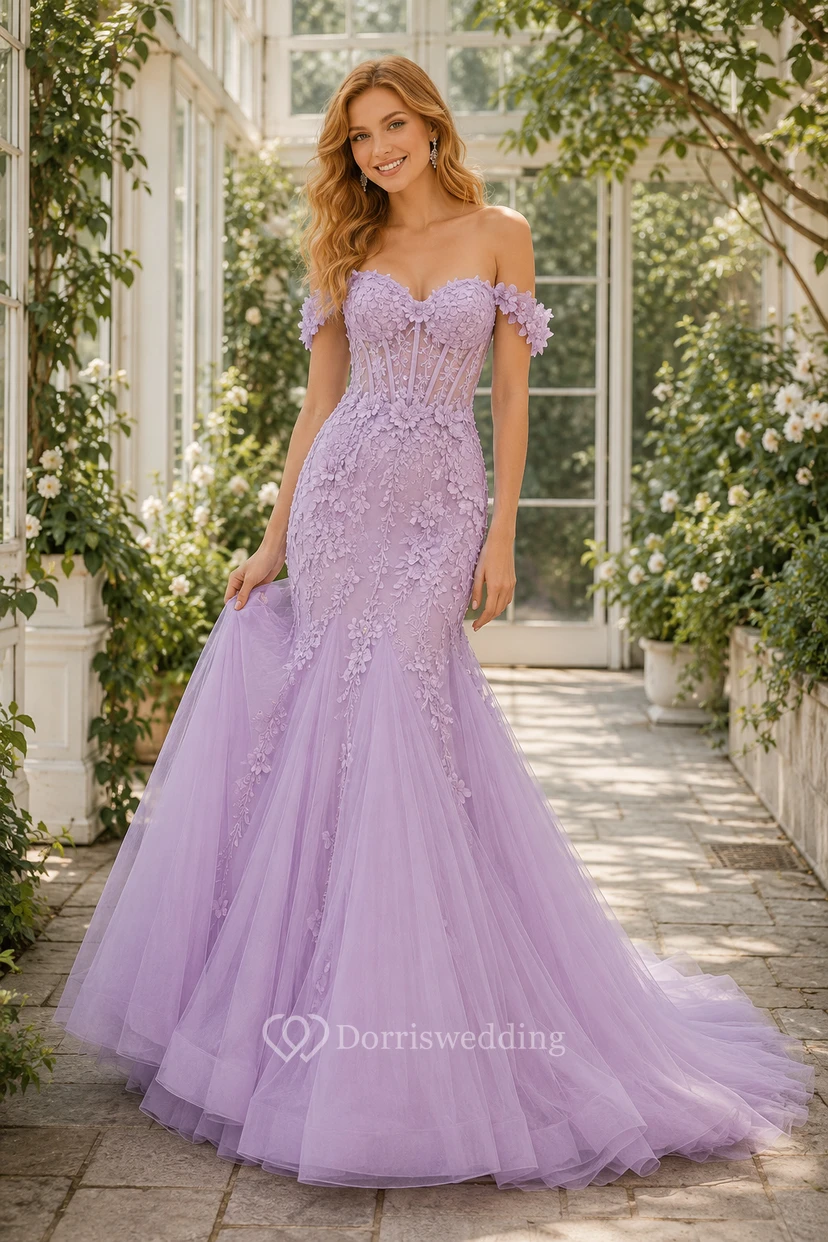 Lavendelfarbenes, schulterfreies Meerjungfrauen-Abendkleid aus Tüll mit Applikationen für Abschlussball und formelle Empfänge