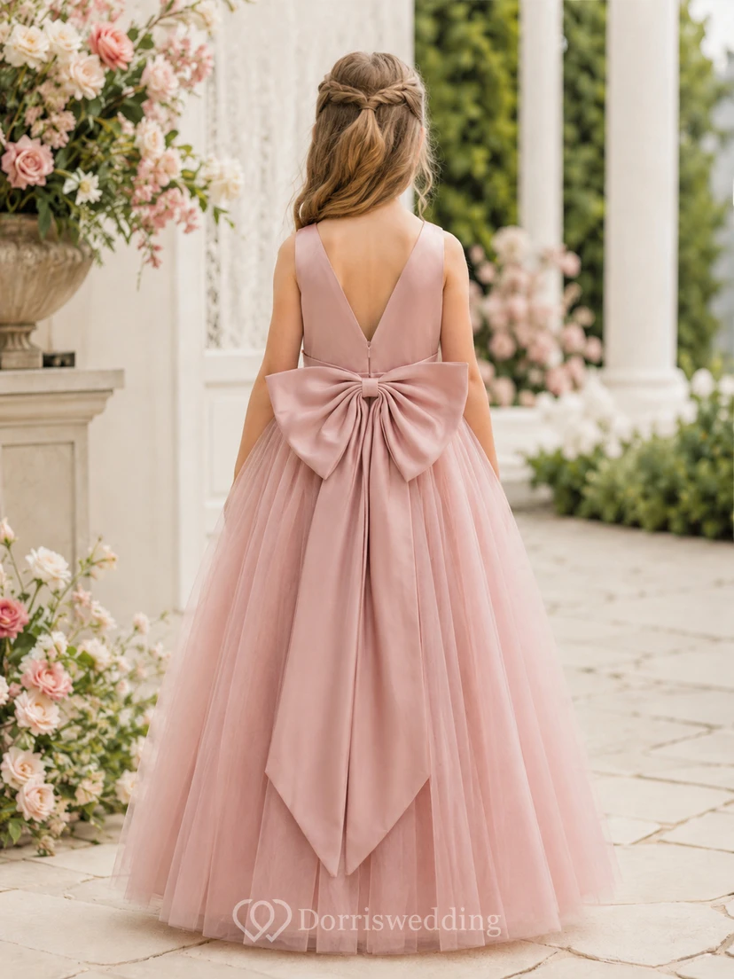 Water Melon V-neck Sleeveless A-line Tulle Pleated Flowergirl Dress view 2