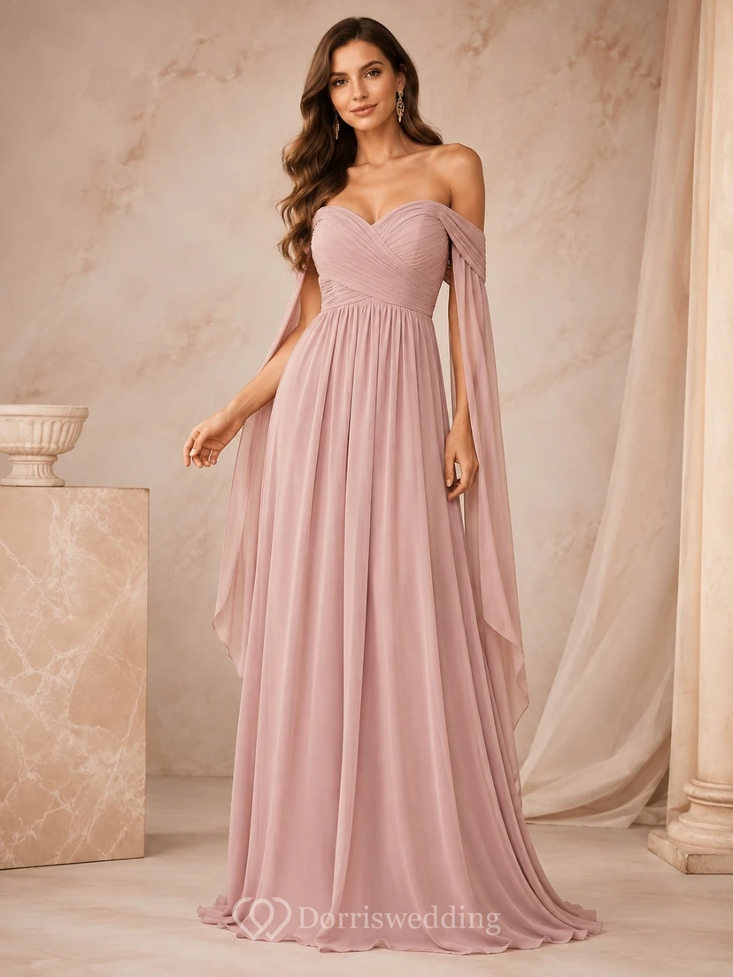 Dusty Rose Off-Shoulder Chiffon Empire A-Line Cape Sleeve Evening Dress