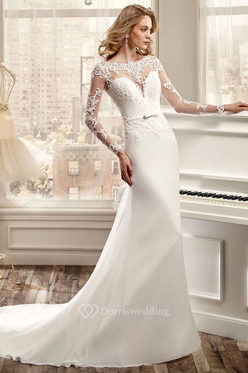 Long-Sleeve Sheath Elegant Wedding Dress With Brush Train And Back Draping