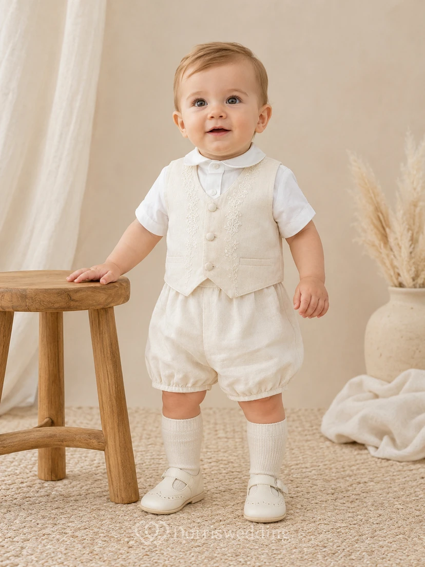 Ivory Button Vest Peter Collar Bubble Christening Short Set for Baby Boy