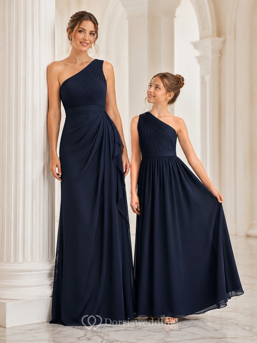 Mother Daughter Dark Navy One-Shoulder Chiffon Formal Dress Set