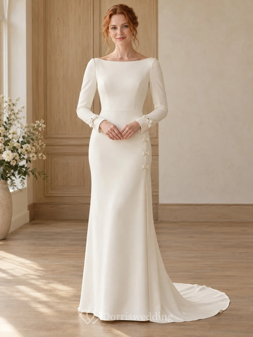Schlichtes, elegantes Brautkleid aus Crêpe mit langen Ärmeln, U-Boot-Ausschnitt und Schleifenmanschetten