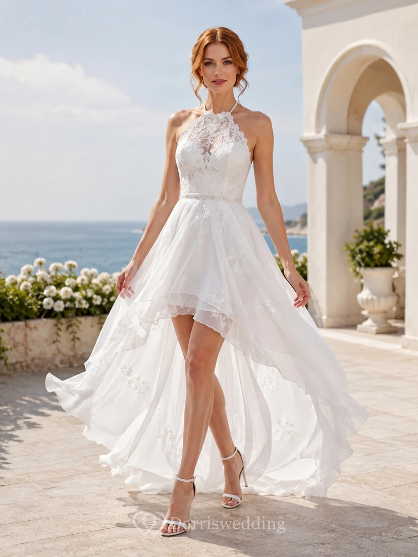 Neckholder-Brautkleid aus Spitze und Tüll, asymmetrischem Saum und A-Linien-Schnitt, perfekt für festliche Anlässe